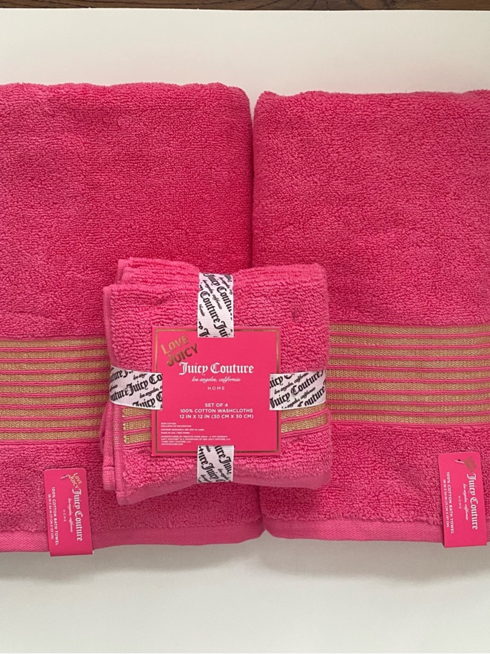 Juicy Couture Pink Bath Towel Set 6 Pc 2 Bath Towels + 4 Washcloths Cotton Gold